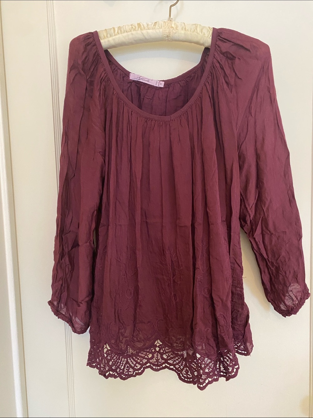Nicole Burgundy Lace-Hem Peasant Blouse